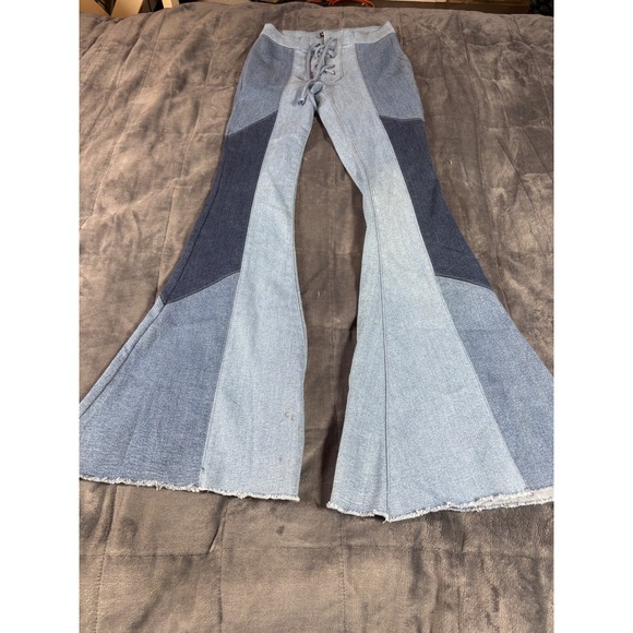 VENUS Denim - Venus Patchwork Bell Bottom Flare Jeans Blue Lace Up High Rise Womens Size 4
